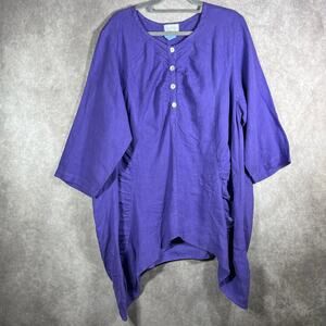 Mosaic Linen Tunic Top Large Purple Ruched Sharkbite Hem Long Sleeve Casual‎